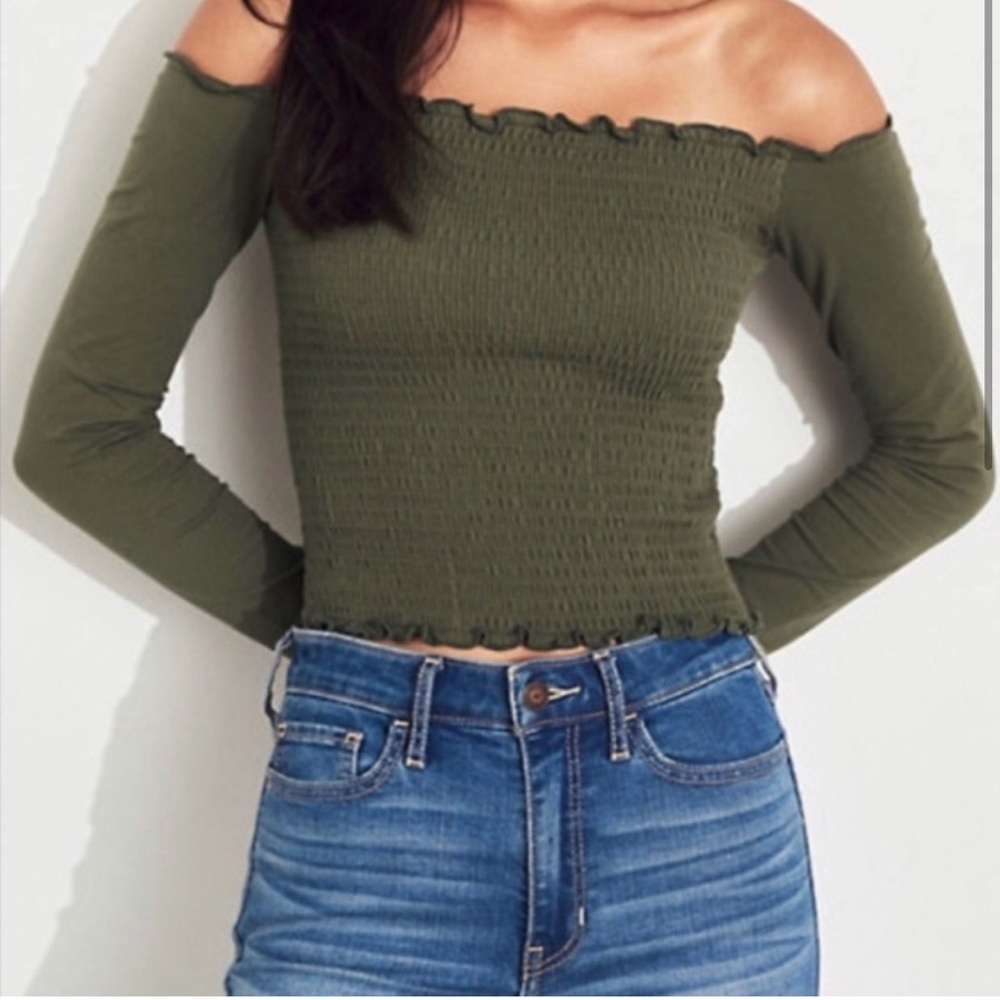 Hollister Olive Green Off-Shoulder Smocked Crop Top